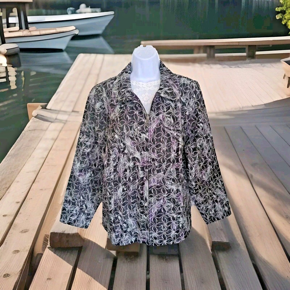 CJ Banks Jacket 1X Gray Multi Purple Reversible Lightweight Full Zip Long Sleeve